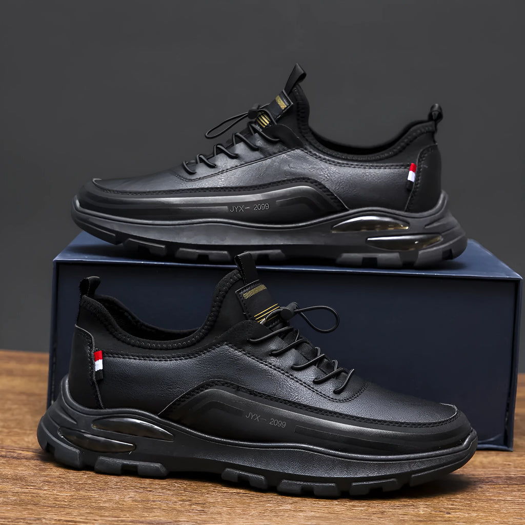 Men's black fleece lined waterproof sneakers with synthetic leather upper and flat rubber sole