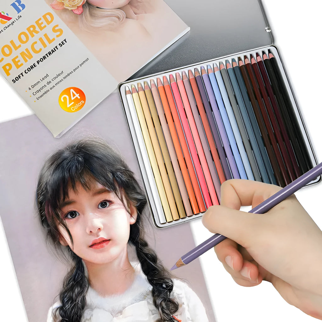 24 skin tone drawing pencils in a metal tin art case for portrait artwork