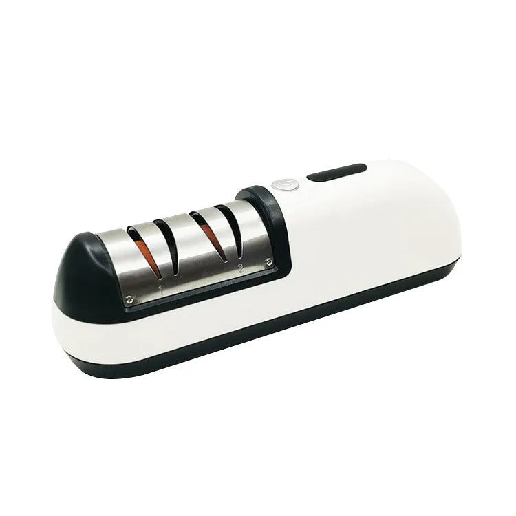 Rechargeable electric knife sharpener with ABS body and stainless steel components on a kitchen counter