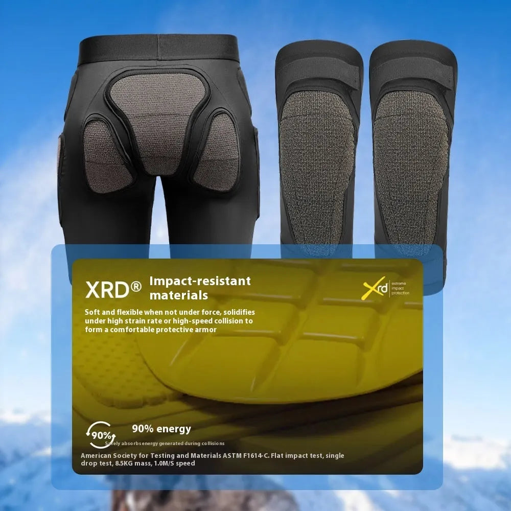 X-ray diffraction ski protective gear set showing slim hip pads and knee pads for multi-sport impact protection