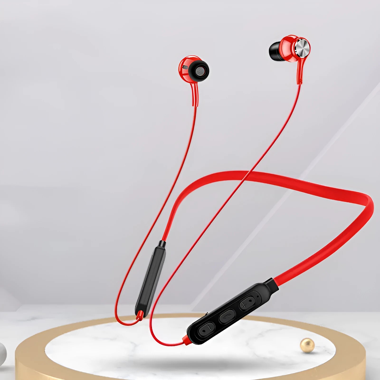G03 black neckband sports Bluetooth earphones shown on a neck, with red and white colour options available.
