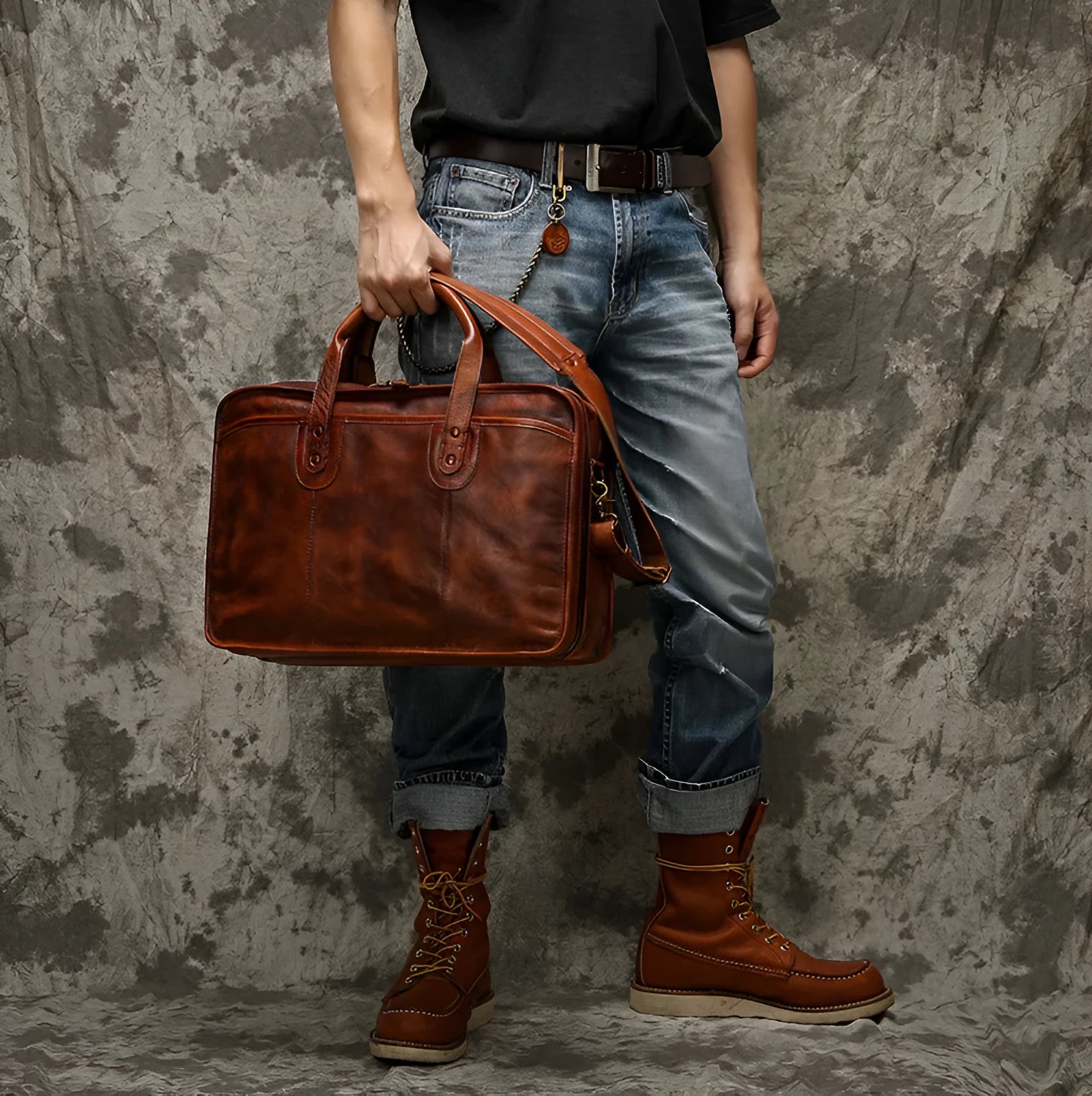 Brown vintage leather men's briefcase open to show internal laptop pocket and document organisers.