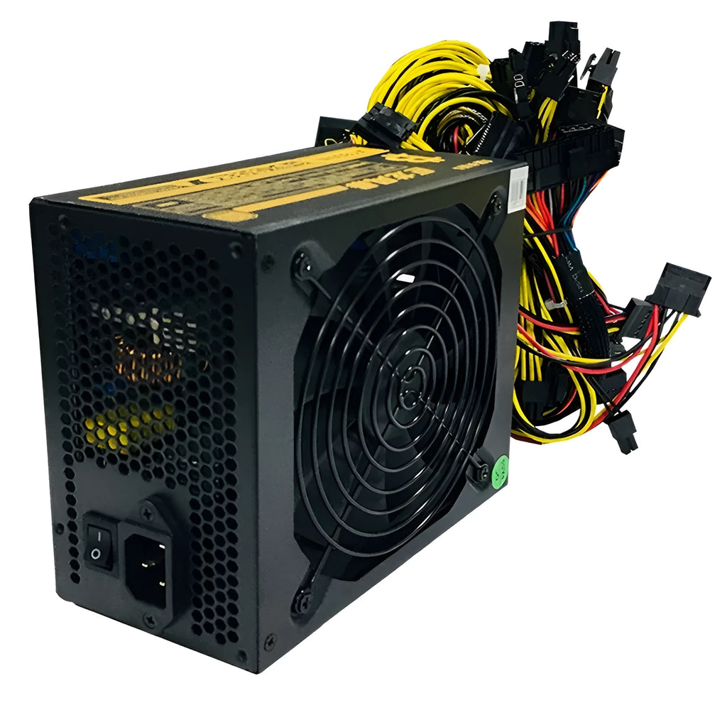 Black high-wattage server power supply unit with multiple PCIe and power connectors.