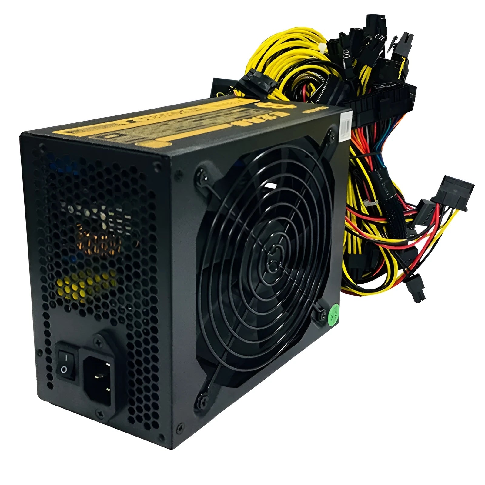 Black high-wattage server power supply unit with multiple PCIe and power connectors.