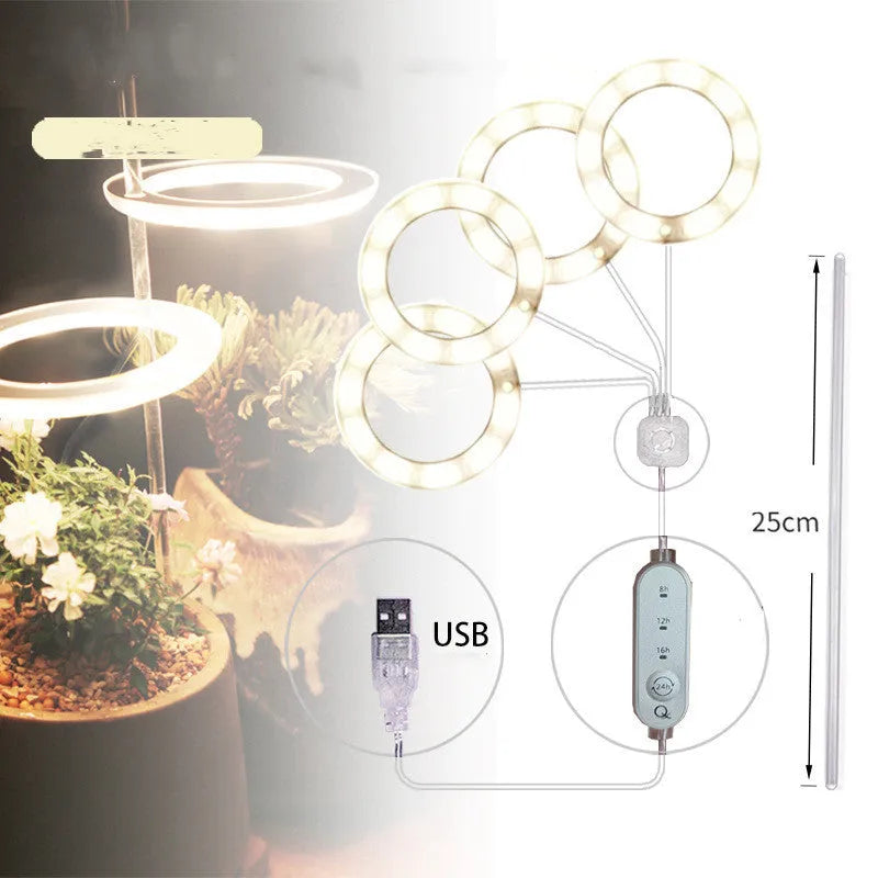 USB-powered LED plant growth light with full spectrum illumination and acrylic stick holder