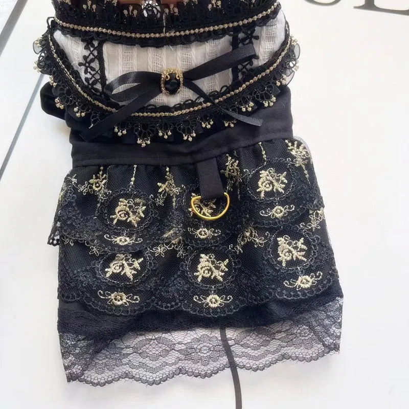 Golden Gothic princess skirt pet dress for dogs and cats with size chart
