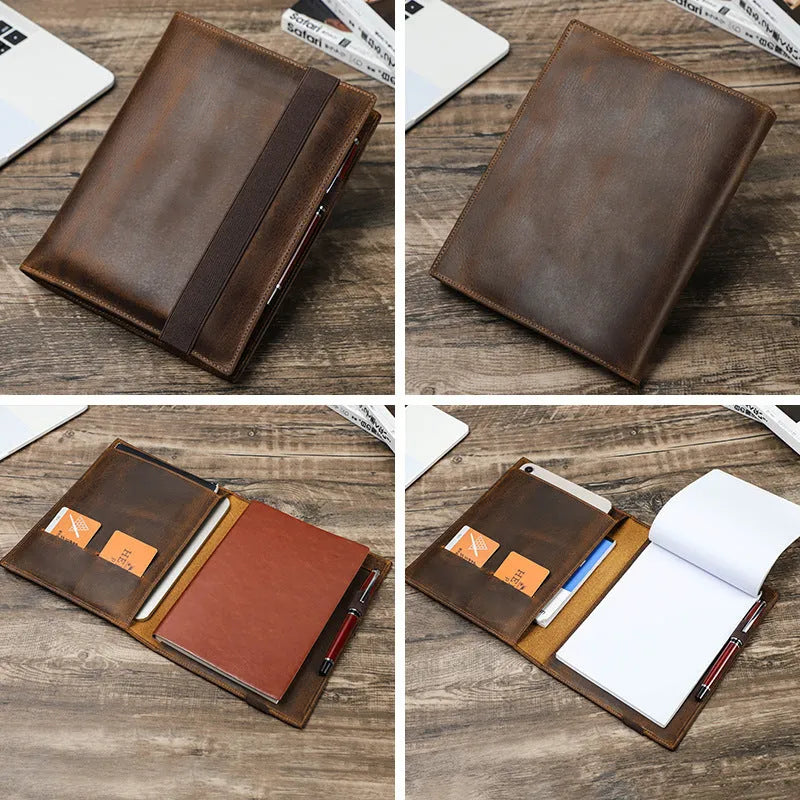 Brown Crazy Horse leather A5 notebook protective sleeve with socket-style closure