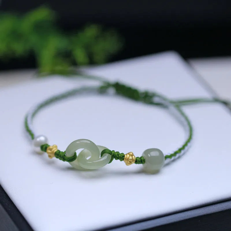 Natural Hetian Jade woven bracelet with adjustable flexible wire and jade pendant in traditional Chinese design