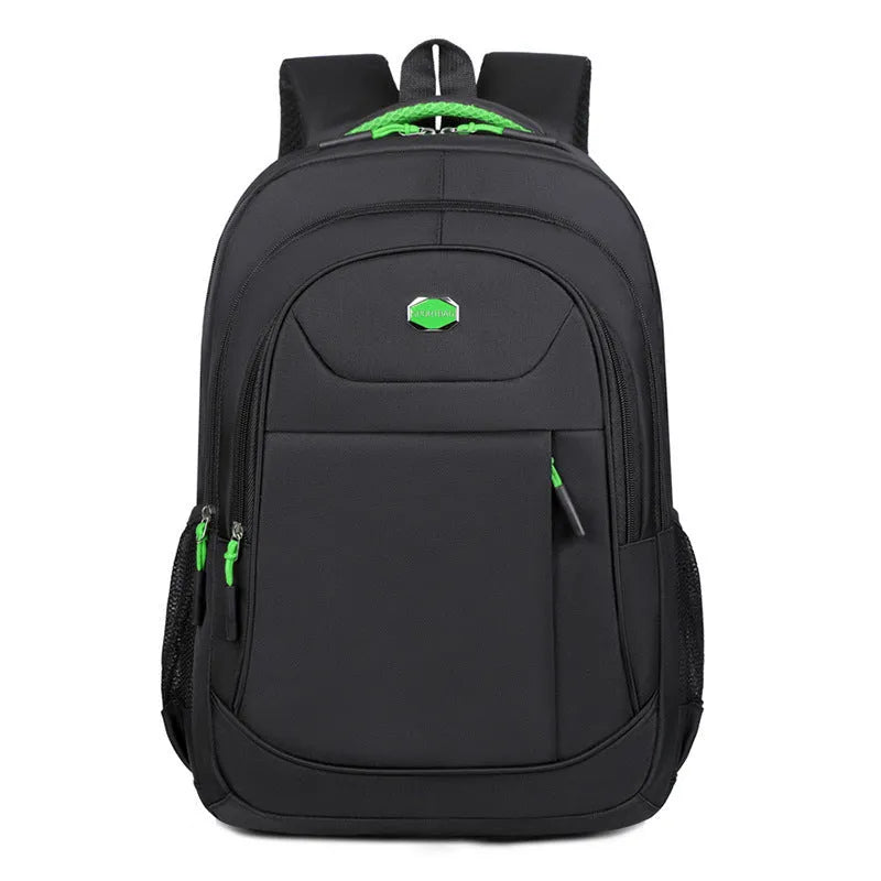 Black Oxford cloth multi-layer student backpack with curved shoulder straps, shown with compartments open.