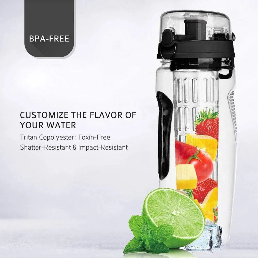 Clear 32oz Tritan plastic fruit infuser water bottle with blue lid and separate fruit infusion cup