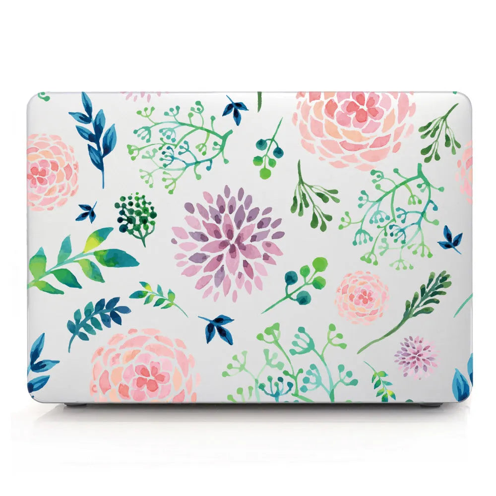 Plastic hard shell case with floral pattern for Apple MacBook Air and MacBook Pro laptops.