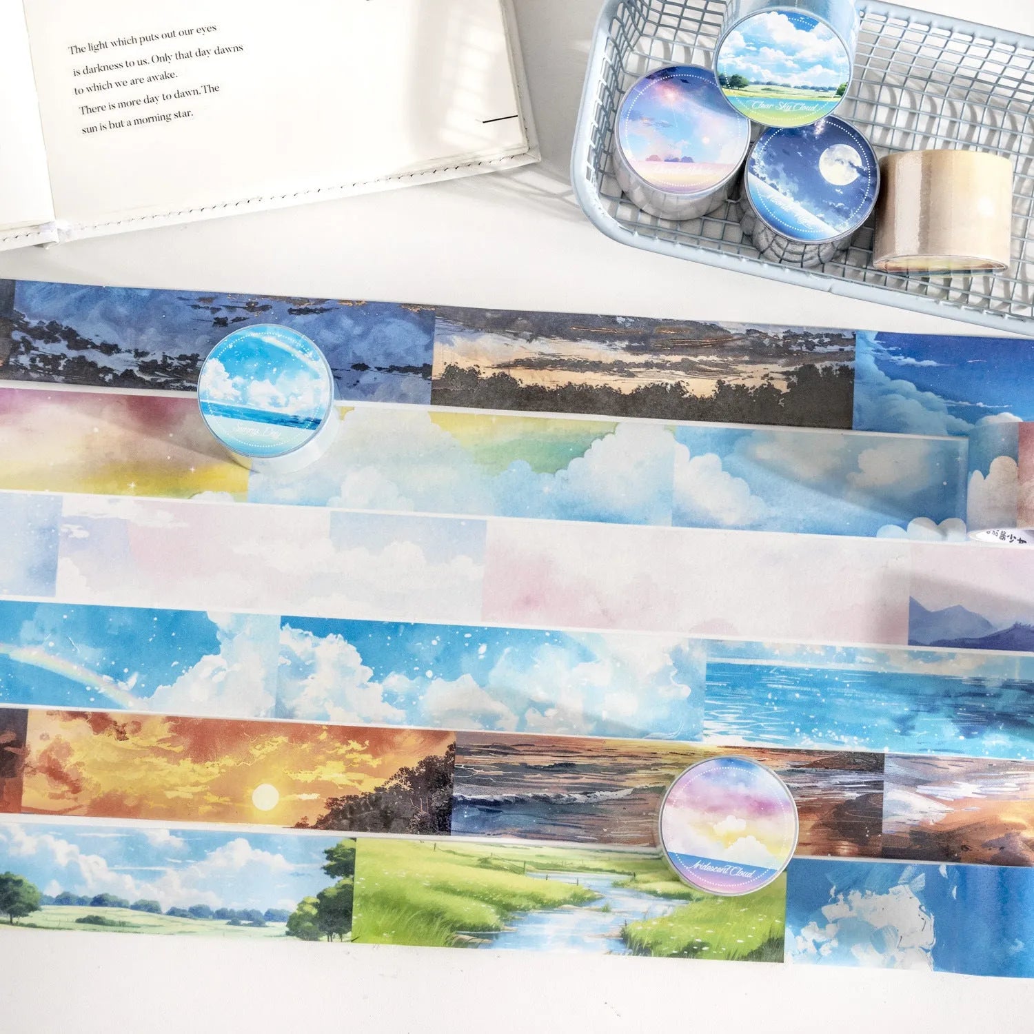 Set of six rolls of Japanese paper sky theme decorative washi tape in various colour designs.