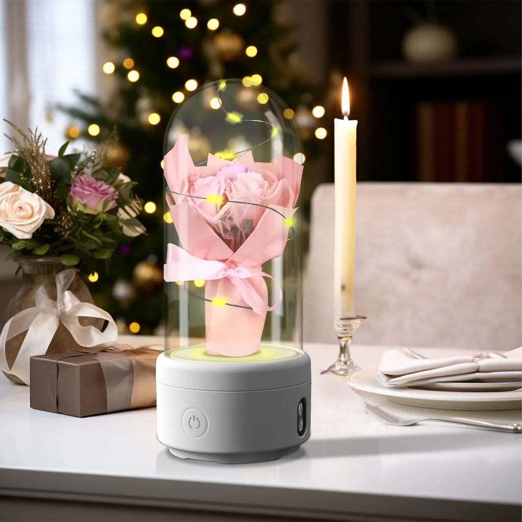 LED bouquet lamp with Bluetooth speaker in glass cover showing colour options