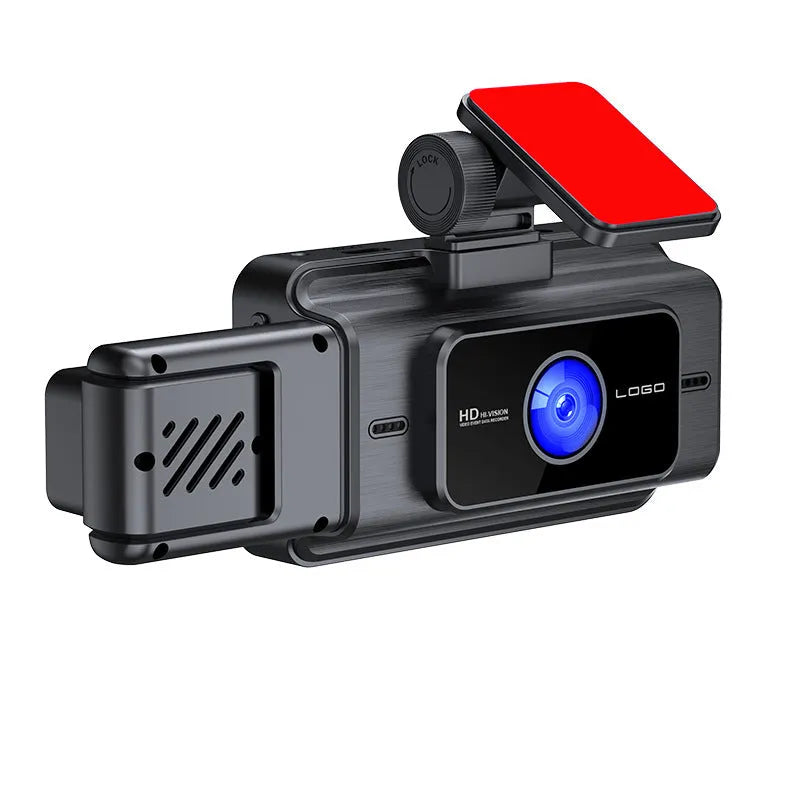 Black three-lens car dash cam for front windshield with 3.0-inch screen