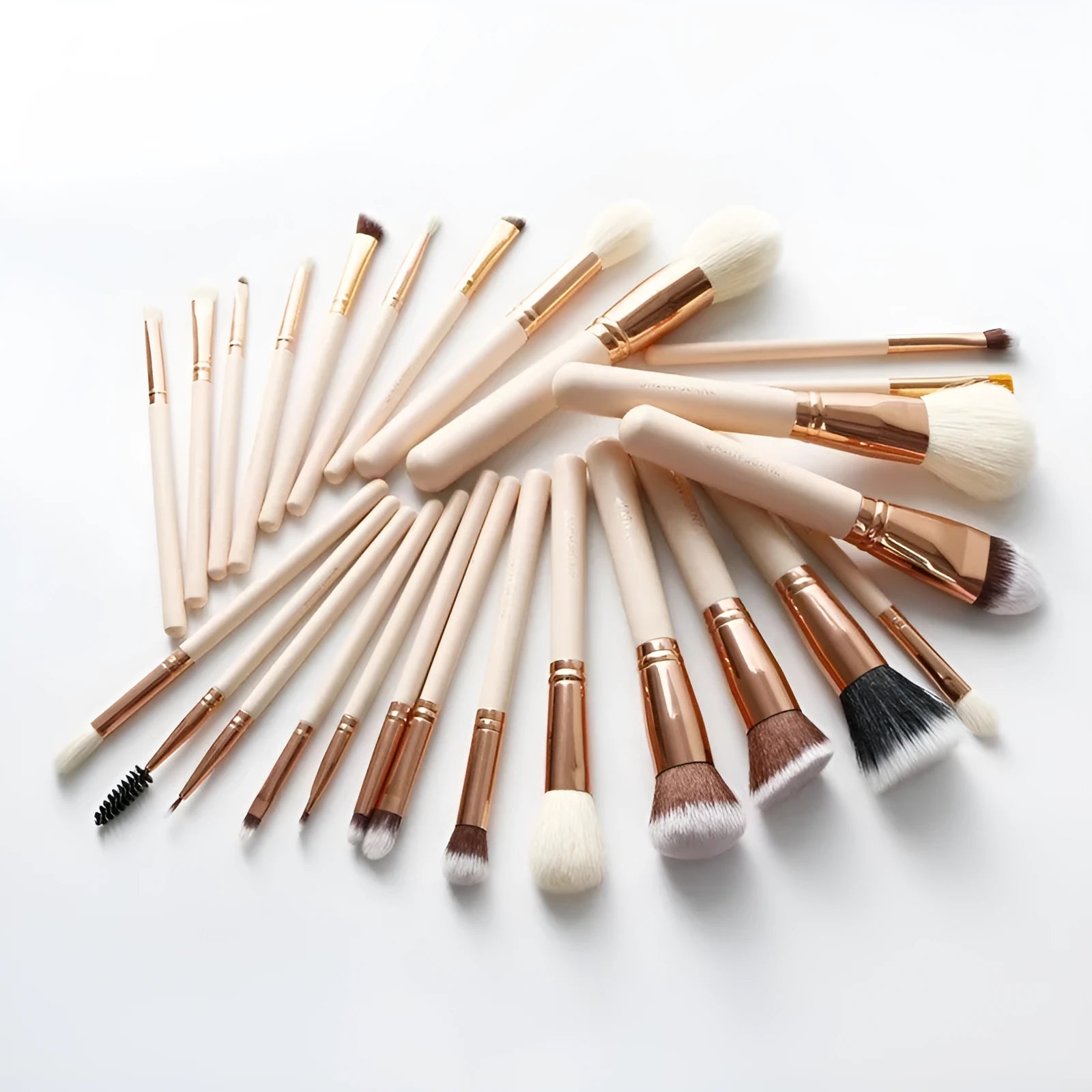 26 pink makeup brushes with wooden handles arranged in PU storage bag