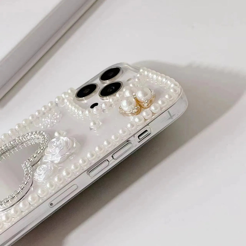 Handmade pearl heart mirror TPU phone case for Apple iPhone 12 13 14 15 with love heart pattern