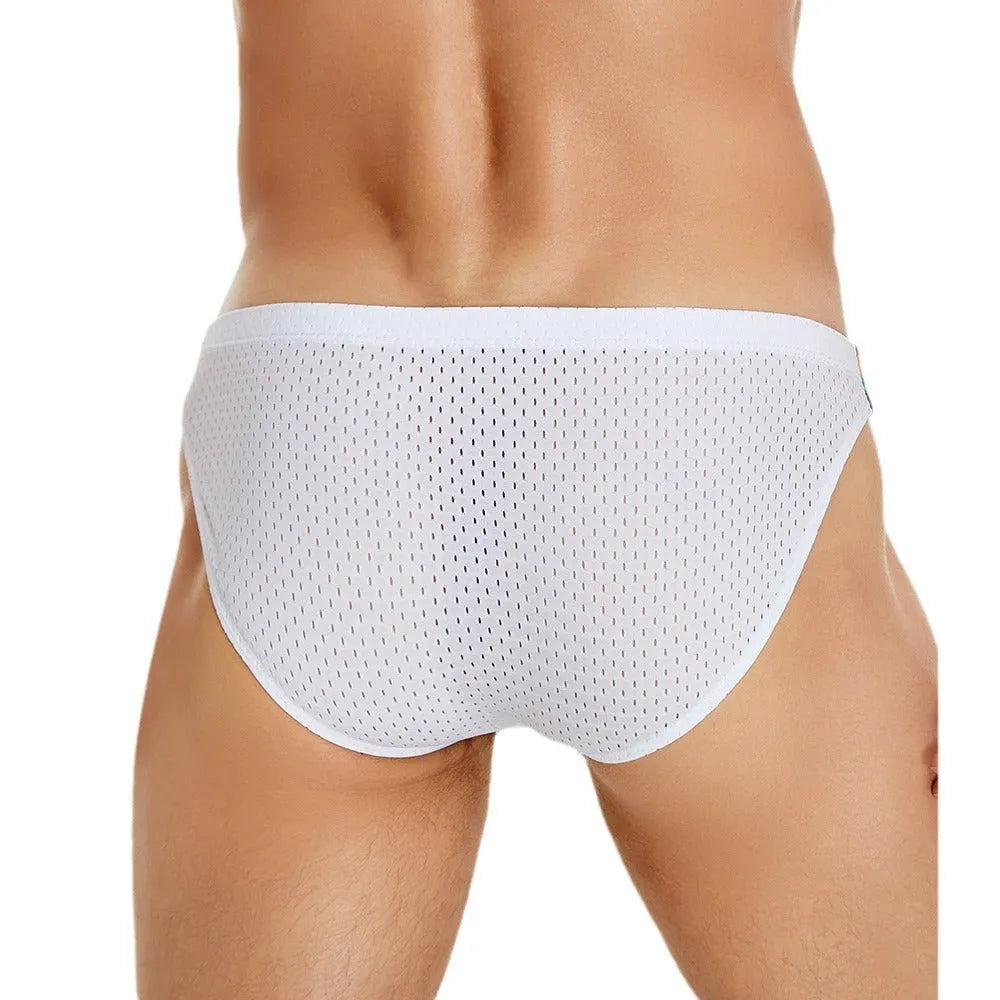 Men's low waist nylon mesh briefs with rainbow waistband in black, white and dark blue colour options