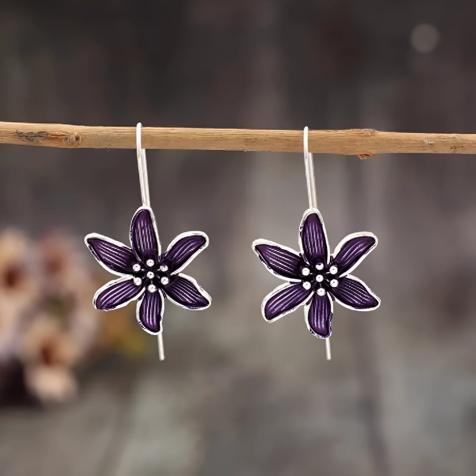 Purple retro flower alloy drop earrings with electroplated finish and butterfly clutch closure
