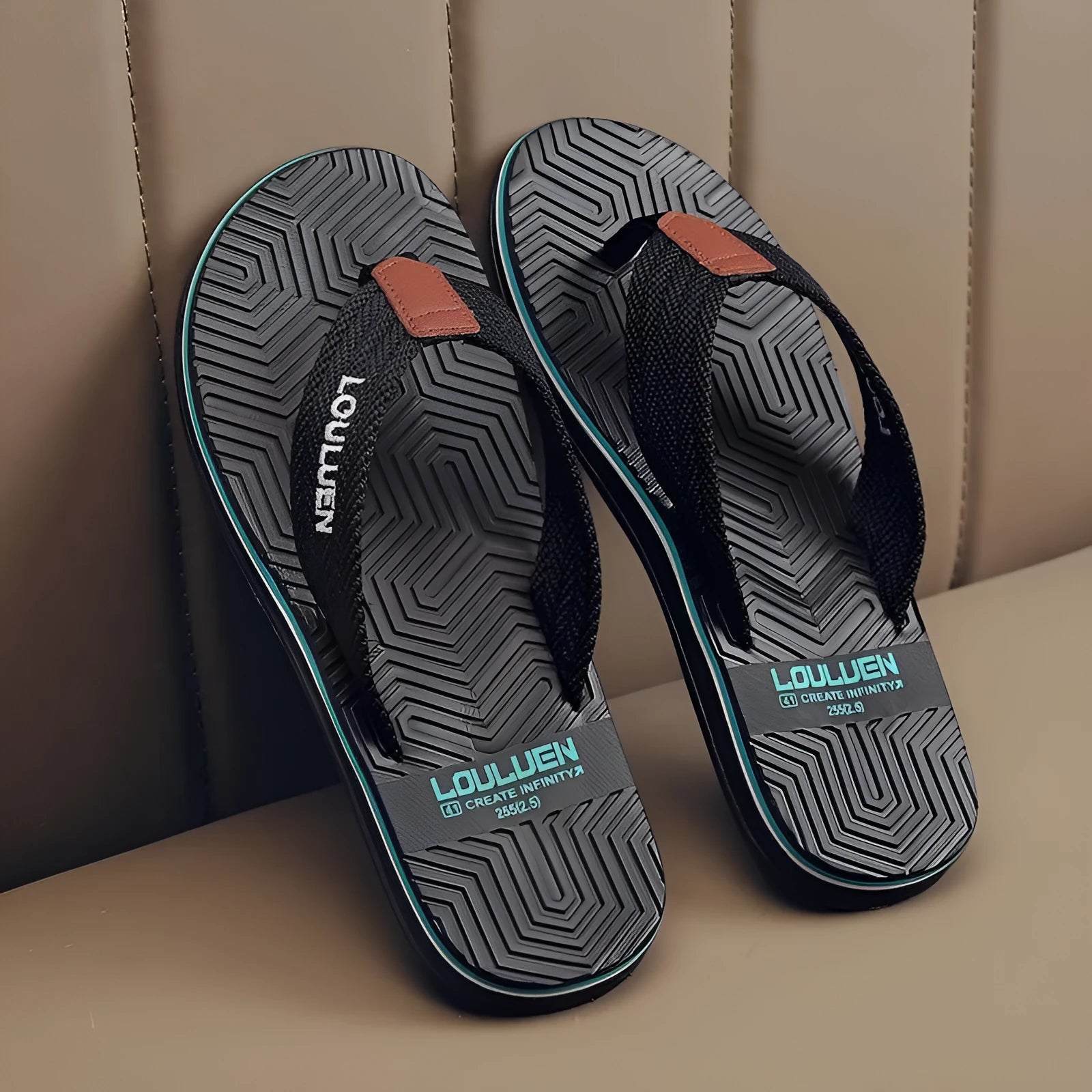 Men's black flip flops with open toe, EVA upper and textured PVC sole.