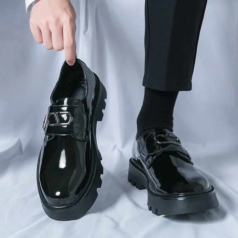 Men's glossy black platform loafers with hidden heel for summer wear
