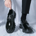 Men's glossy black platform loafers with hidden heel for summer wear