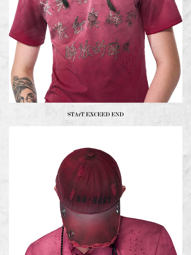 Rose red cotton peaked cap with curved brim and adjustable strap