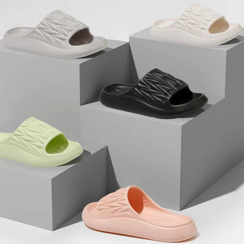 Leaf texture design EVA slippers for men and women in various colours, showing anti-slip sole.