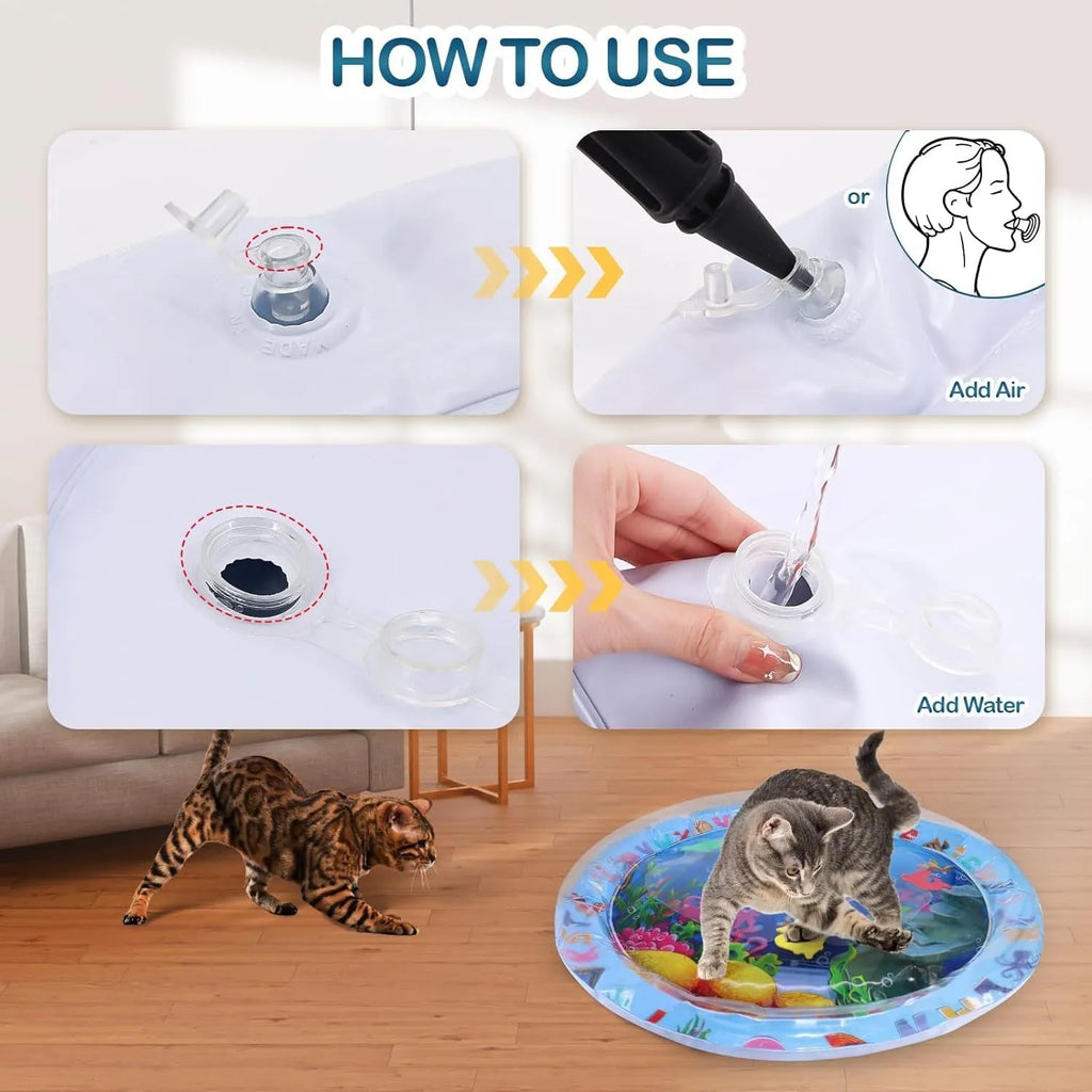 Thickened blue PVC water playmat for cats with ocean fish design and floating toys inside.