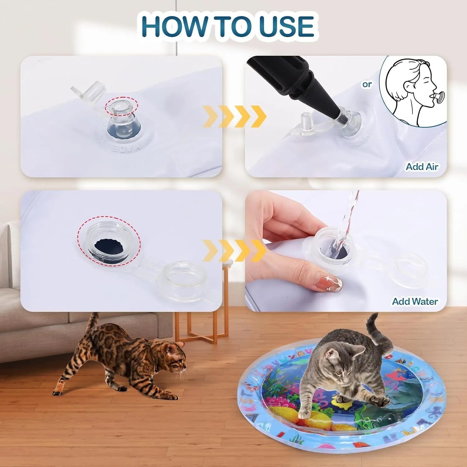 Thickened blue PVC water playmat for cats with ocean fish design and floating toys inside.