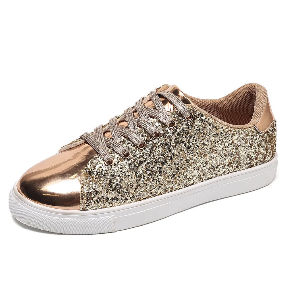 Women's plus size black sequined flat board shoes with front lace-up detail.