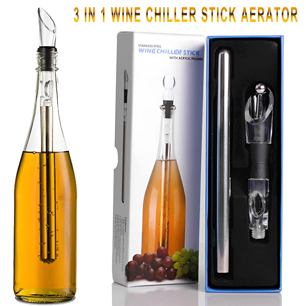 Stainless steel wine chilling rod with acrylic pourer, shown next to a wine bottle.