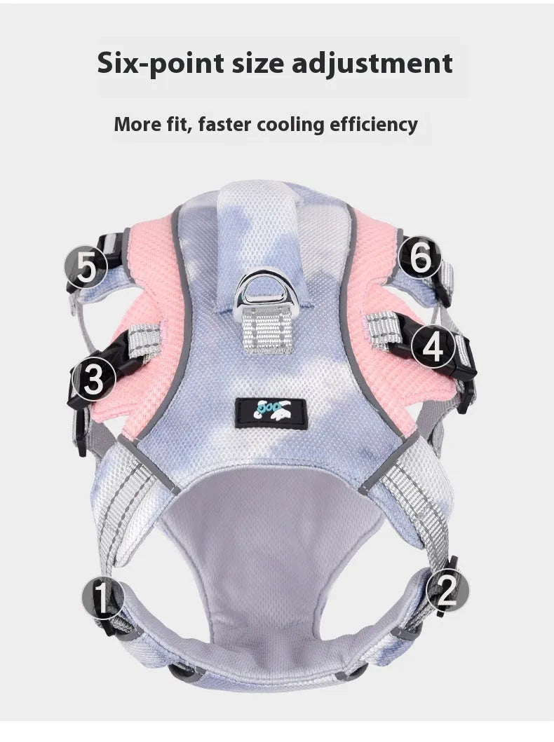 Light blue reflective pet harness chest strap with adjustable clips on a grey background