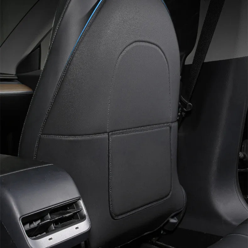 Black leather rear anti kick pad for car seats with a single pocket, shown alongside a tape measure indicating 68cm by 42cm dimensions.