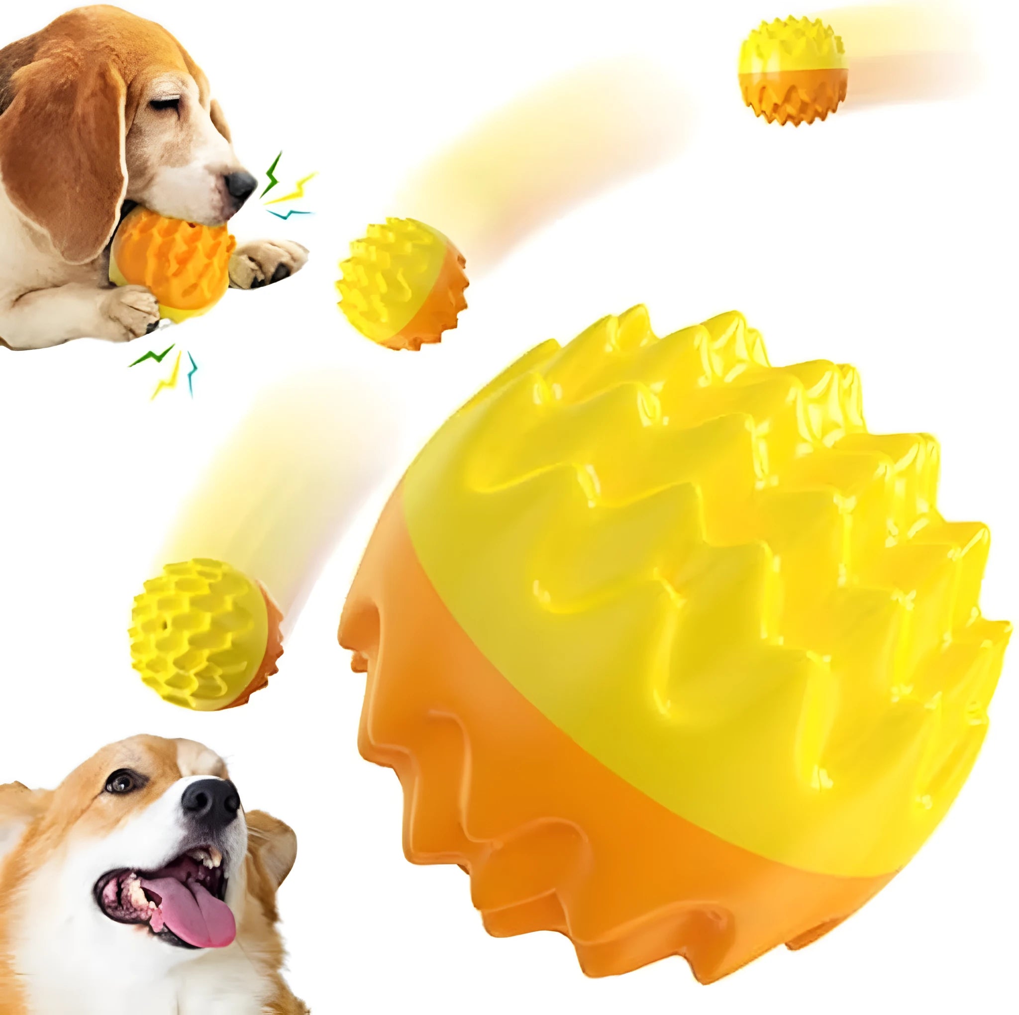 Blue or orange durable rubber dog ball with spiky cleaning bumps and squeaker for aggressive chewers
