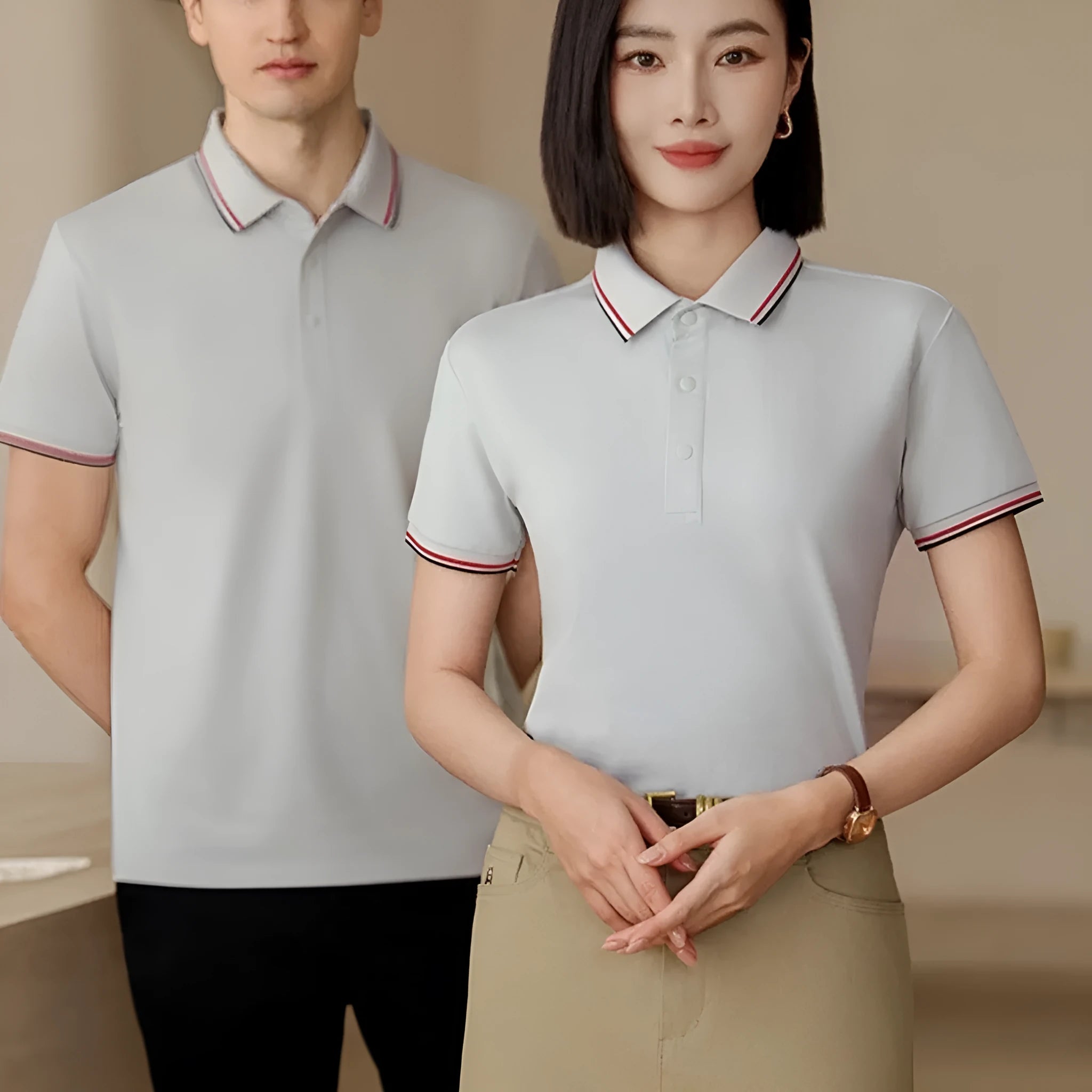 Men's solid colour cotton lapel T-shirt with short sleeves in straight cut summer workwear