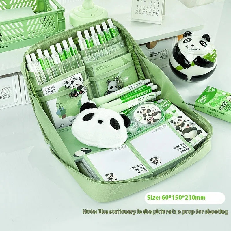 Green canvas panda pencil case with 12 zippered layers for stationery organisation