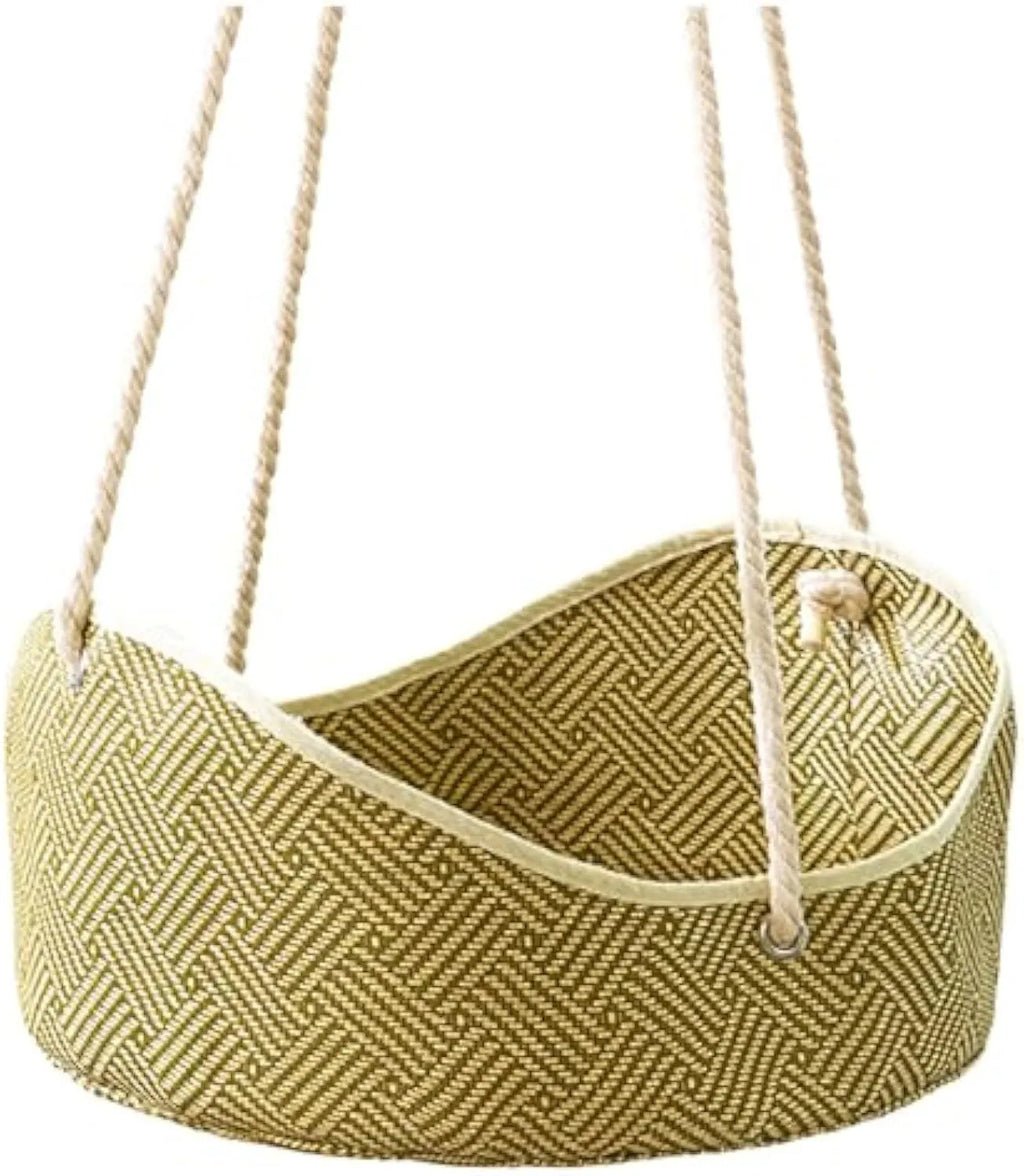 Green rattan cat hammock with bamboo frame and metal hooks, 40cm by 20cm pet bed