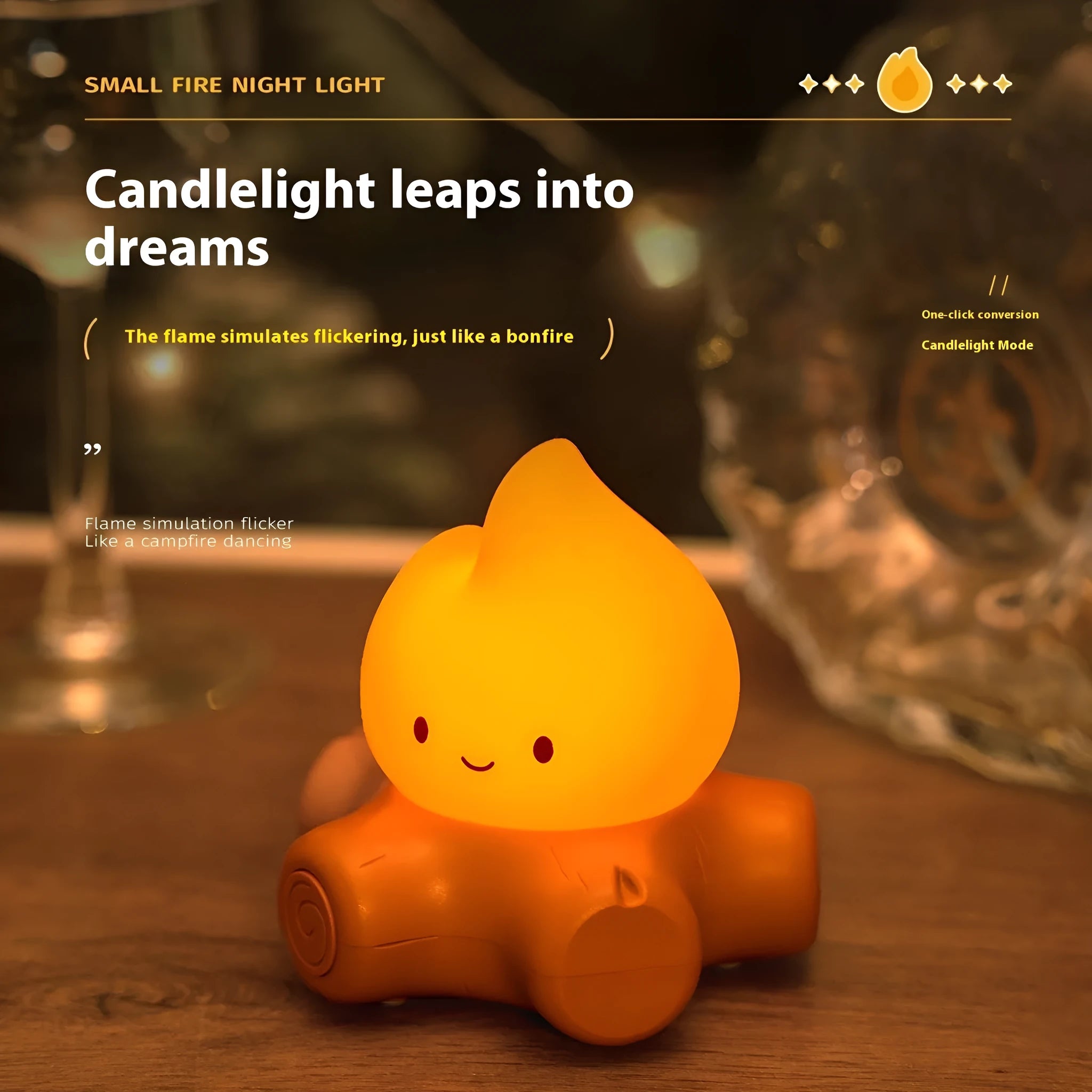 Small yellow silicone night lamp with cartoon fire pile design on a table.