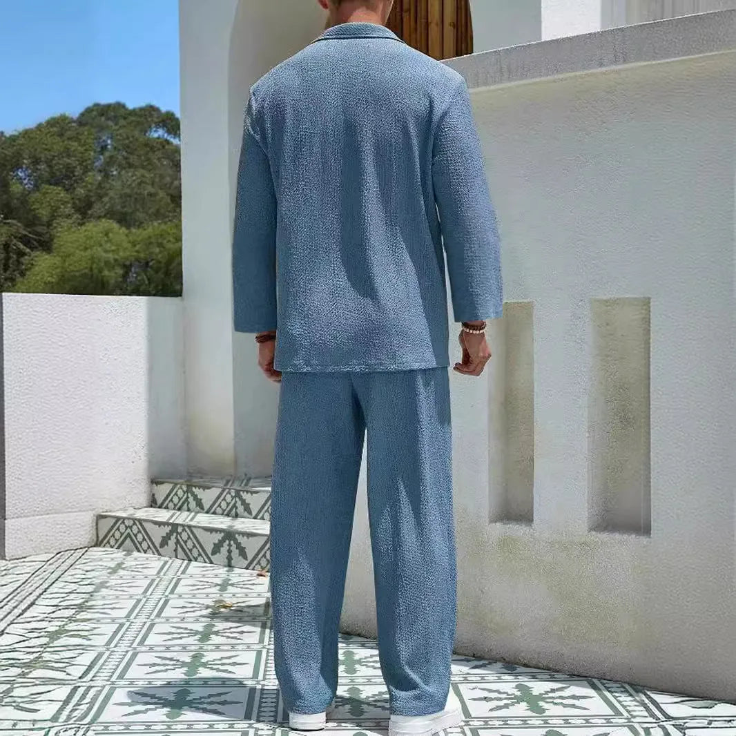Men's casual polyester suit set with shirt jacket and trousers in four colour options