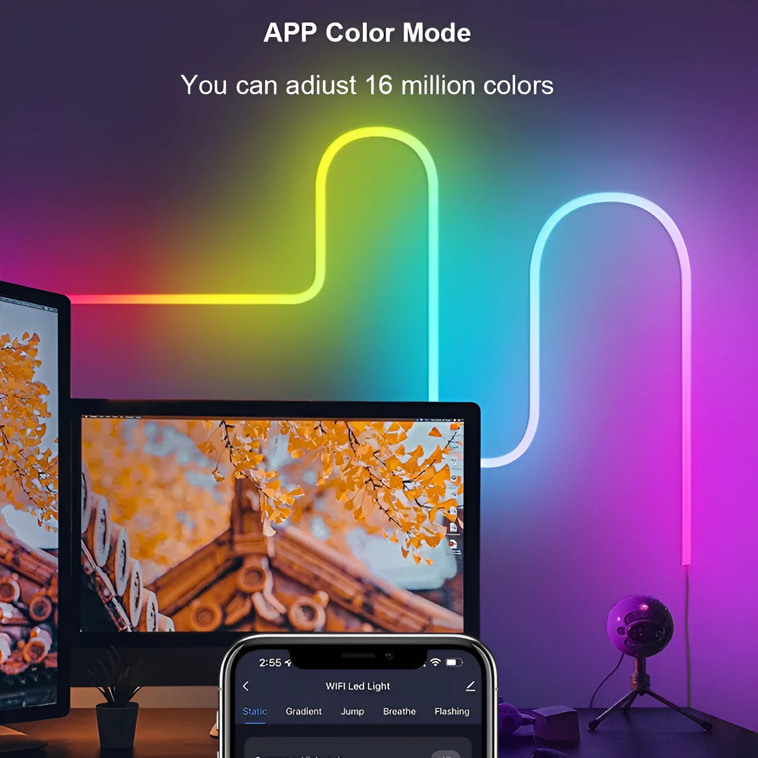 3-metre USB-powered neon LED strip lights with Bluetooth and WiFi control for indoor colour-changing lighting