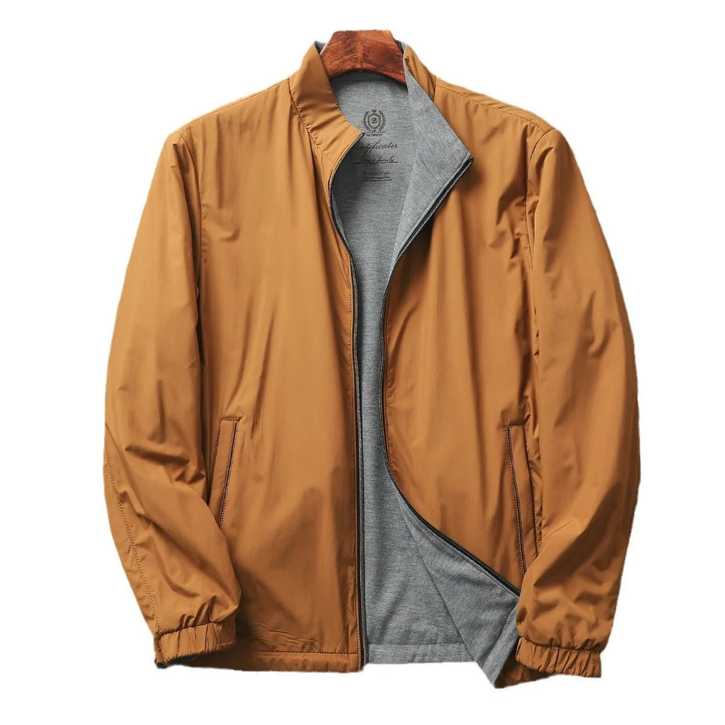 Men's simple stand collar jacket in army green colour, showing regular fit and sleeve design.