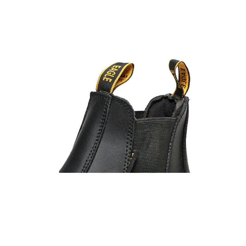 Black leather high-top safety work boots with anti-piercing sole on a neutral background