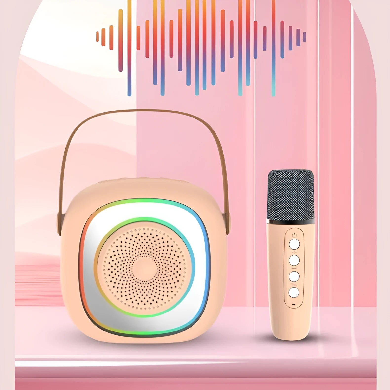 Wireless karaoke microphone with Bluetooth speaker in black double wheat colour with RGB lighting effects