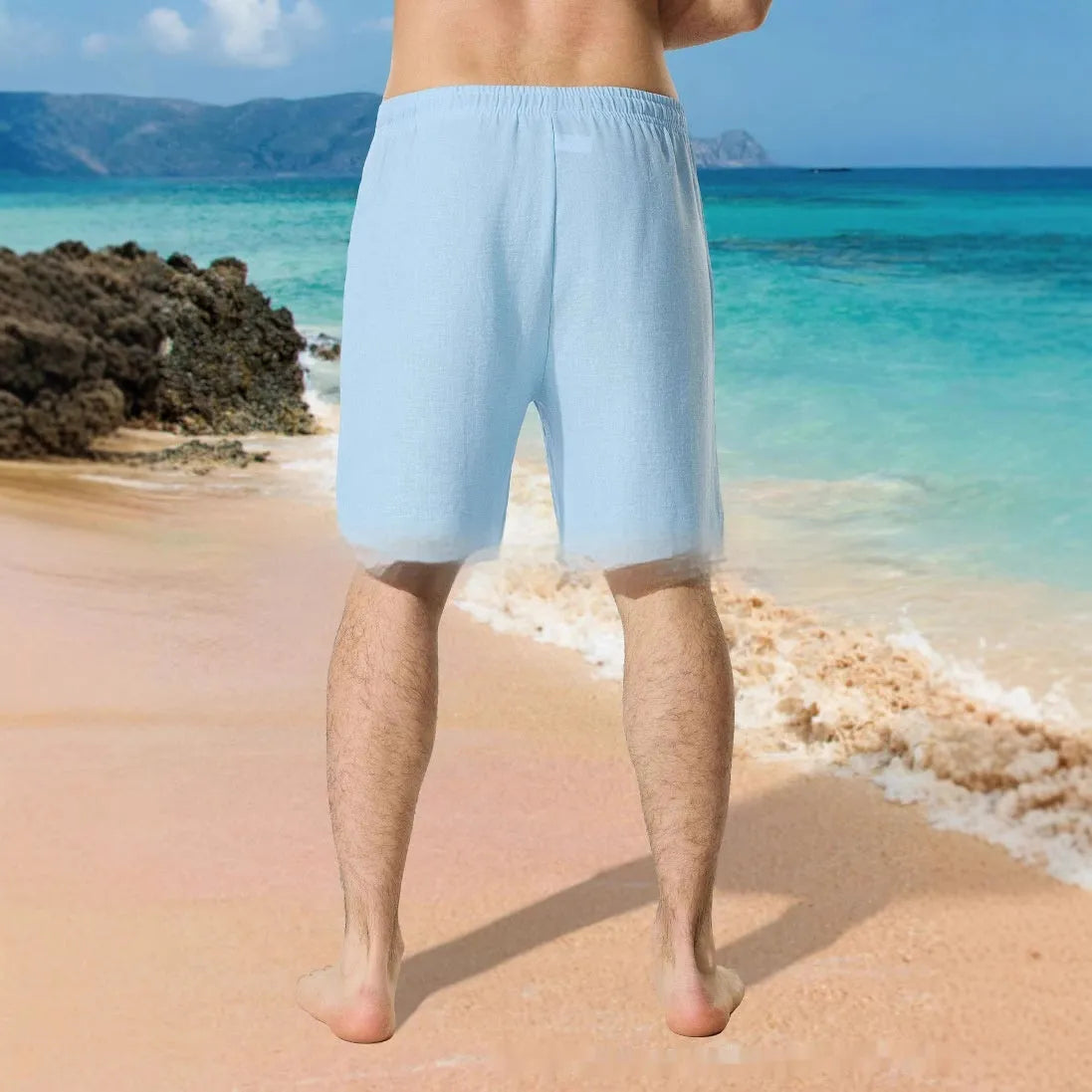 Men's blue colour block digital print casual shorts with drawstring waist and loose fit