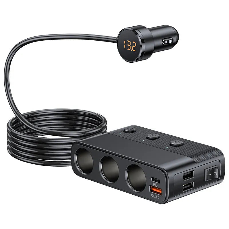 Black car cigarette lighter multi-port USB fast charger with PD and QC3.0 ports