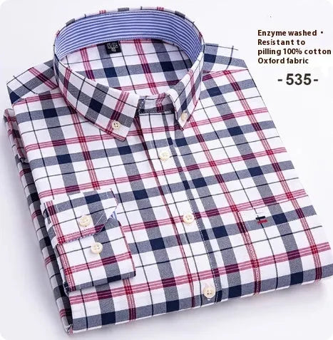 Men's pure cotton Oxford plaid long-sleeved casual shirt with slim fit and button front