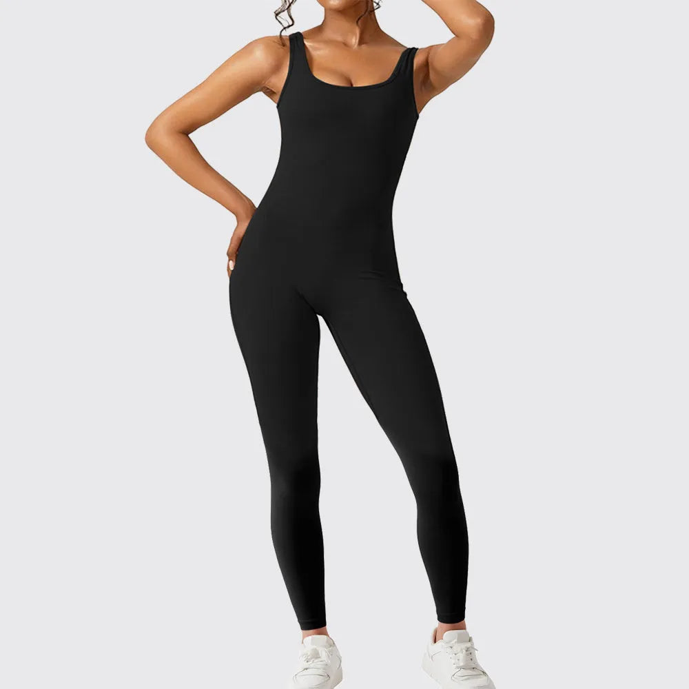Women's sleeveless flare jumpsuit for fitness and yoga in high-elasticity polyester
