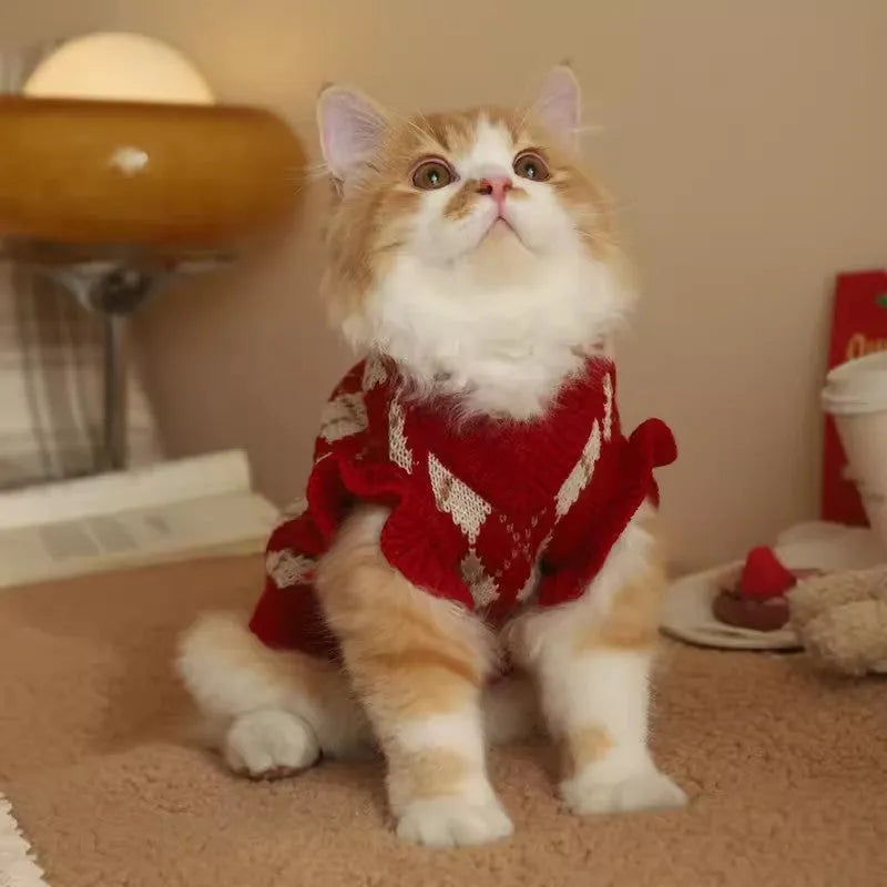 Red cat sweater with diamond embroidery cherry pattern for autumn and winter wear