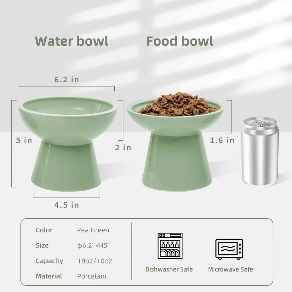 Blue ceramic elevated cat bowl with wide shallow design for food or water