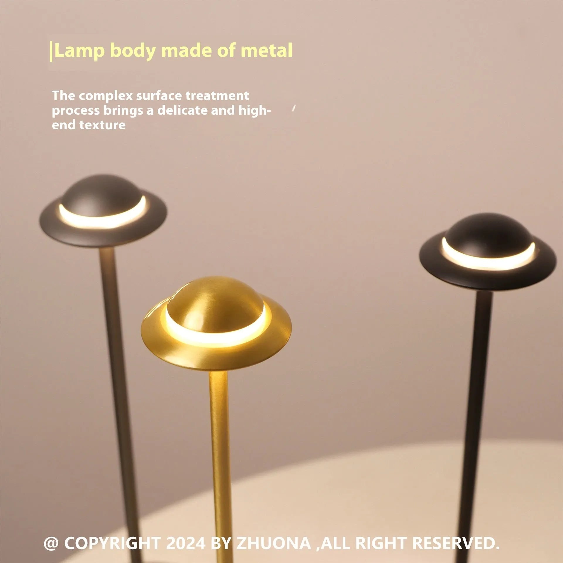 Modern metal UFO-shaped desk lamp in black on a wooden table, showing touch controls.